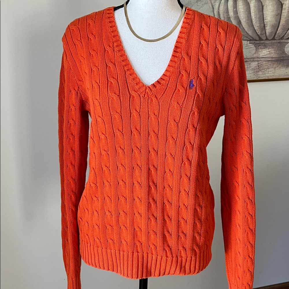 Ralph Lauren Sport Classic Cable-Knit Cotton V-Neck Sweater L Orange/Purple Pony